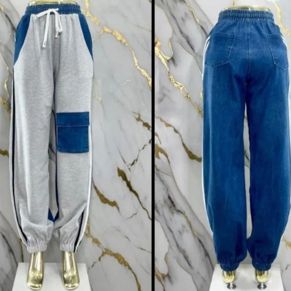 Gray and Blue Sporty Joggers with Elastic Waistband